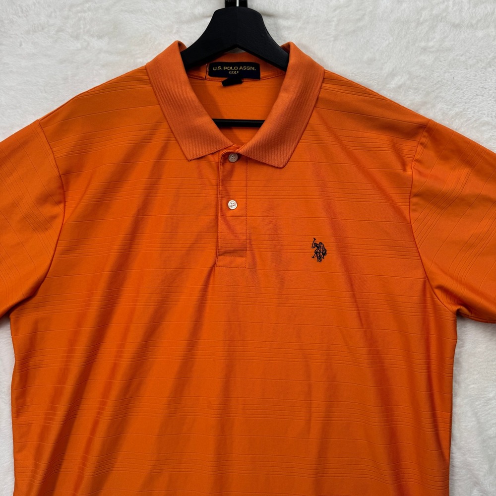U.S. Polo Assn Golf Polo Shirt Mens Large Orange Textured Stripe Short Sl - Picture 2 of 11